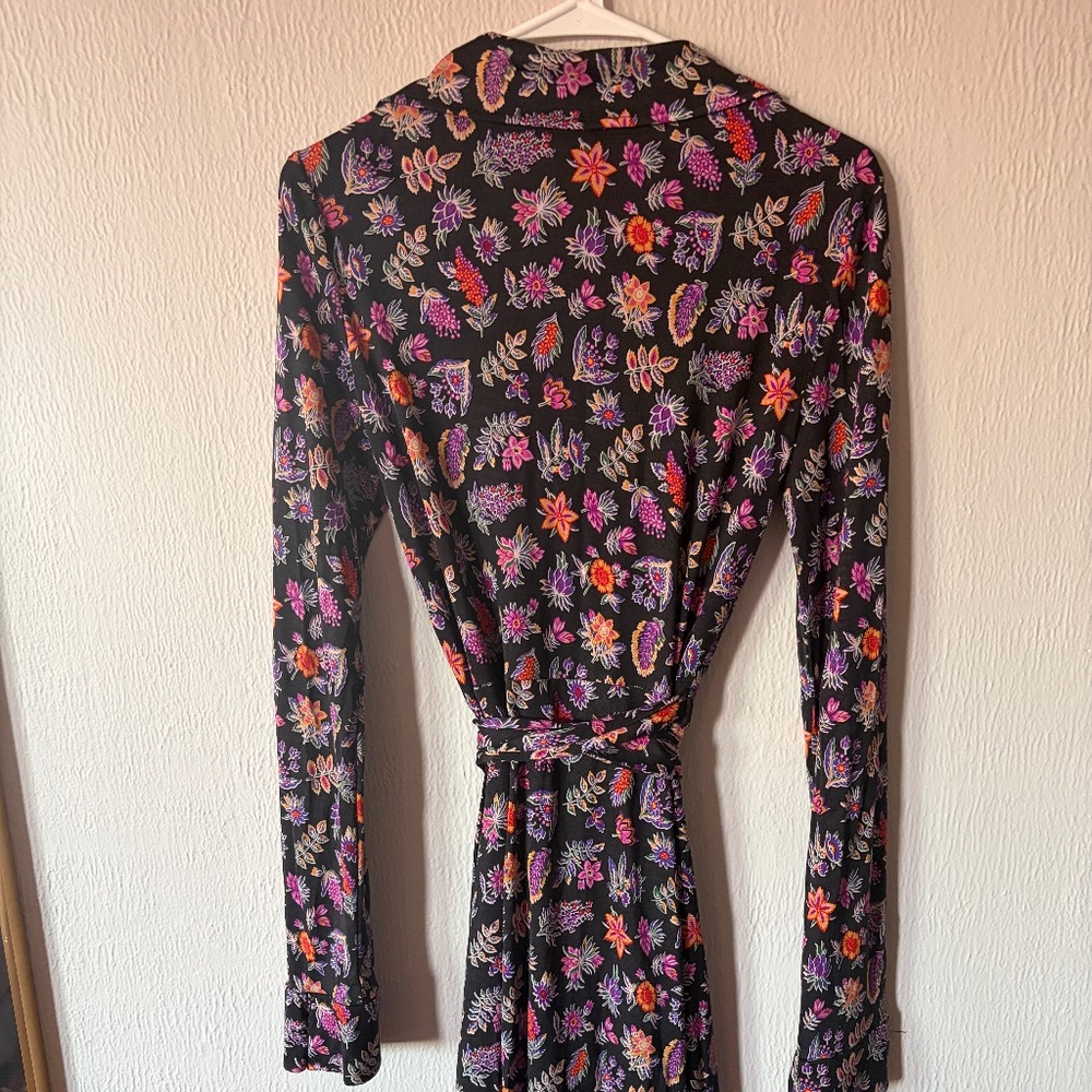 Diane Von Furstenberg Black Floral Wrap Dress with Pink and Orange Accents